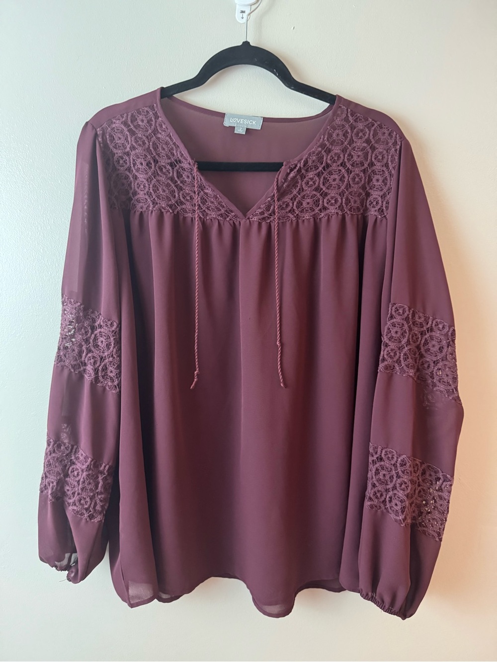 Lovesick Lace-Panel Burgundy Peasant Blouse Size 2